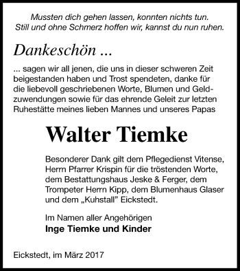 Traueranzeige von Walter Tiemke von Prenzlauer Zeitung