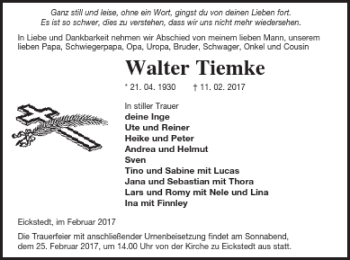 Traueranzeige von Walter Tiemke von Prenzlauer Zeitung