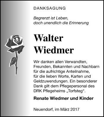 Traueranzeige von Walter Wiedmer von Neubrandenburger Zeitung