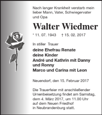 Traueranzeige von Walter Wiedmer von Neubrandenburger Zeitung