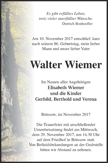 Traueranzeige von Walter Wiemer von Pasewalker Zeitung