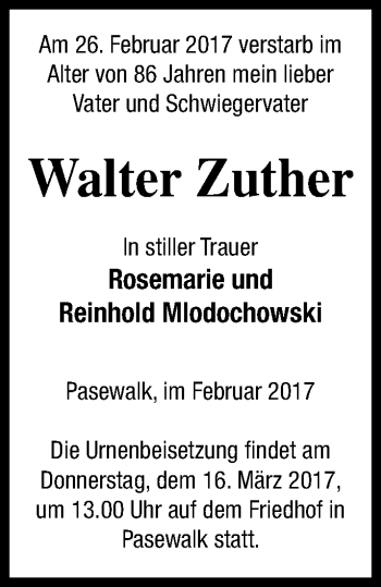 Traueranzeige von Walter Zuther von Pasewalker Zeitung