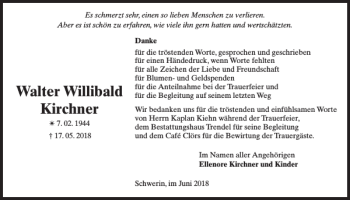 Traueranzeige von Walter Willibald Kirchner von Zeitung für die Landeshauptstadt