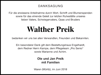 Traueranzeige von Walther Preik von Müritz-Zeitung