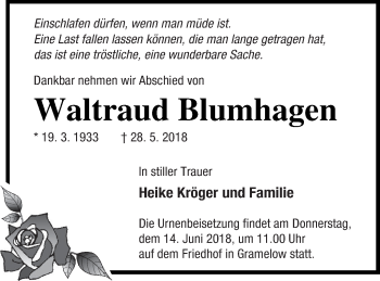 Traueranzeige von Waltraud Blumhagen von Neubrandenburger Zeitung