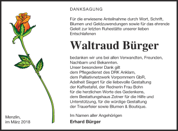 Traueranzeige von Waltraud Bürger von Vorpommern Kurier