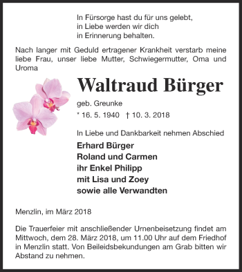 Traueranzeige von Waltraud Bürger von Vorpommern Kurier