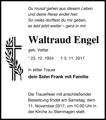 Traueranzeige von Waltraud Engel von Prenzlauer Zeitung