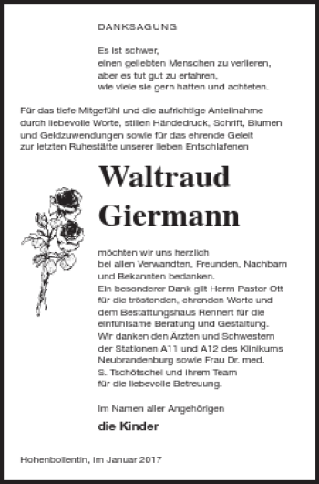 Traueranzeige von Waltraud Giermann von Demminer Zeitung