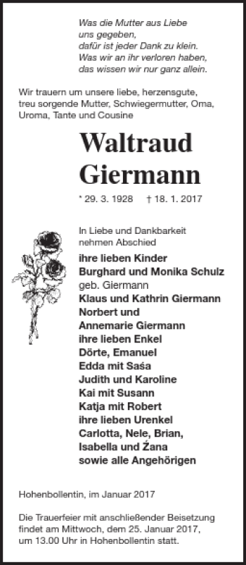 Traueranzeige von Waltraud Giermann von Demminer Zeitung