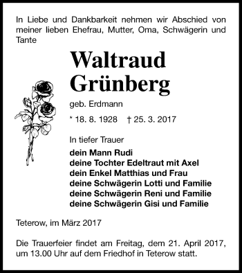 Traueranzeige von Waltraud Grünberg von Mecklenburger Schweiz