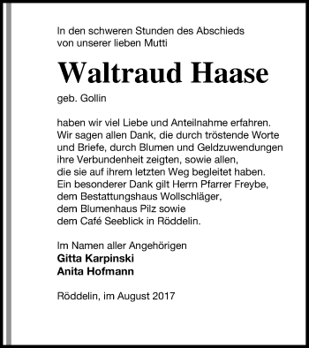 Traueranzeige von Waltraud Haase von Templiner Zeitung