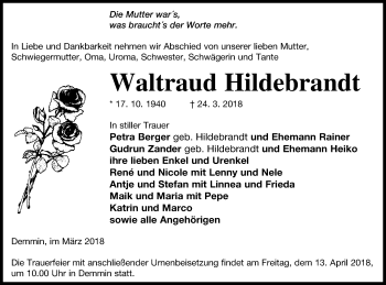 Traueranzeige von Waltraud Hildebrandt von Vorpommern Kurier