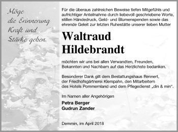 Traueranzeige von Waltraud Hildebrandt von Demminer Zeitung
