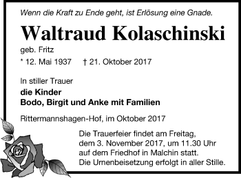 Traueranzeige von Waltraud Kolaschinski von Mecklenburger Schweiz