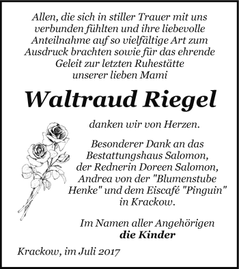 Traueranzeige von Waltraud Riegel von Pasewalker Zeitung