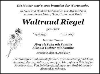 Traueranzeige von Waltraud Riegel von Pasewalker Zeitung