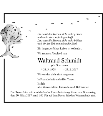 Traueranzeige von Waltraud Schmidt von Mecklenburger Schweiz