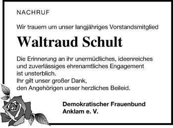 Traueranzeige von Waltraud Schult von Vorpommern Kurier