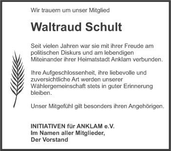 Traueranzeige von Waltraud Schult von Vorpommern Kurier