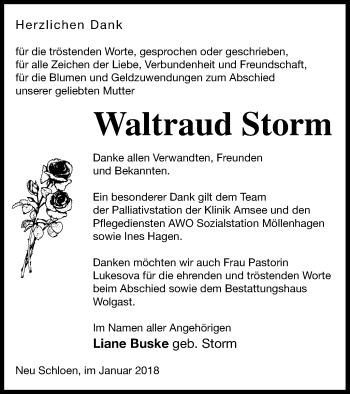 Traueranzeige von Waltraud Storm von Müritz-Zeitung