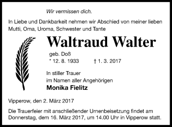 Traueranzeige von Waltraud Walter von Müritz-Zeitung