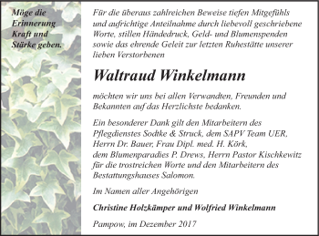 Traueranzeige von Waltraud Winkelmann von Pasewalker Zeitung