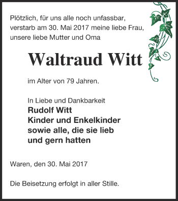 Traueranzeige von Waltraud Witt von Müritz-Zeitung