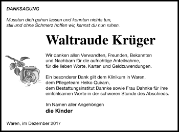 Traueranzeige von Waltraude Krüger von Müritz-Zeitung