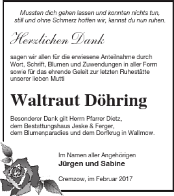 Traueranzeige von Waltraut Döhring von Prenzlauer Zeitung