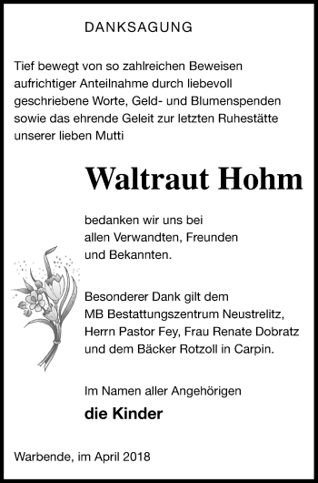 Traueranzeige von Waltraut Hohm von Strelitzer Zeitung