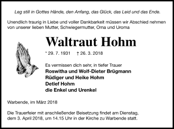 Traueranzeige von Waltraut Hohm von Strelitzer Zeitung