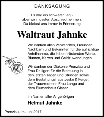 Traueranzeige von Waltraut Jahnke von Prenzlauer Zeitung