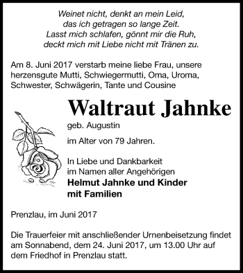 Traueranzeige von Waltraut Jahnke von Prenzlauer Zeitung