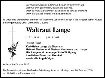 Traueranzeige von Waltraut Lange von Demminer Zeitung