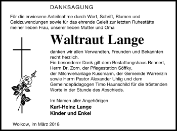 Traueranzeige von Waltraut Lange von Demminer Zeitung