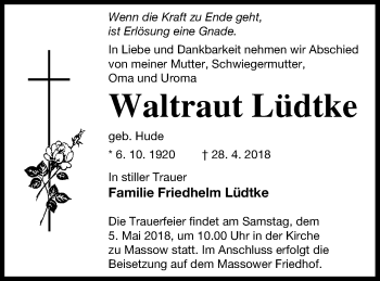 Traueranzeige von Waltraut Lüdtke von Müritz-Zeitung