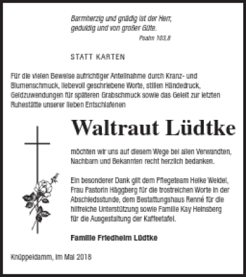 Traueranzeige von Waltraut Lüdtke von Müritz-Zeitung