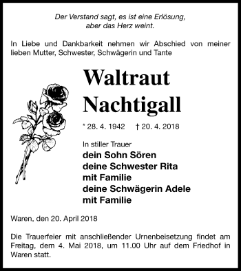 Traueranzeige von Waltraut Nachtigall von Müritz-Zeitung