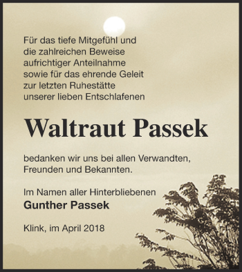 Traueranzeige von Waltraut Passek von Müritz-Zeitung