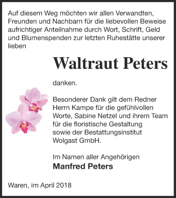 Traueranzeige von Waltraut Peters von Müritz-Zeitung