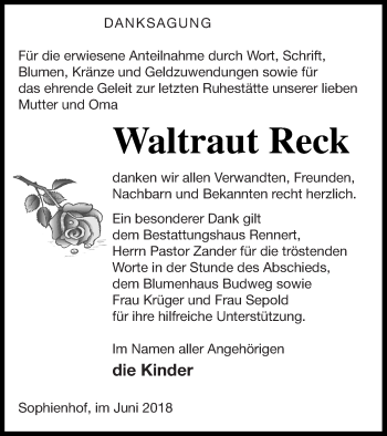 Traueranzeige von Waltraut Reck von Vorpommern Kurier