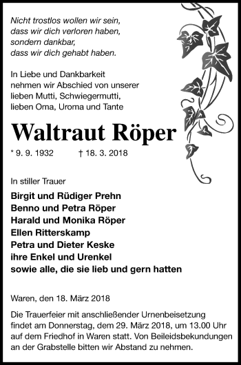 Traueranzeige von Waltraut Röper von Müritz-Zeitung