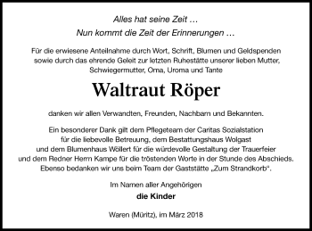 Traueranzeige von Waltraut Röper von Müritz-Zeitung