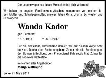 Traueranzeige von Wanda Kador von Vorpommern Kurier