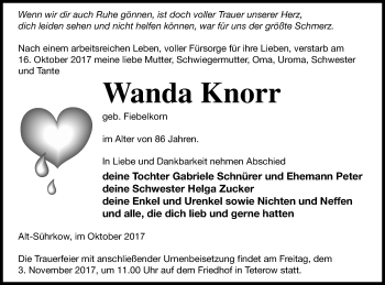 Traueranzeige von Wanda Knorr von Mecklenburger Schweiz