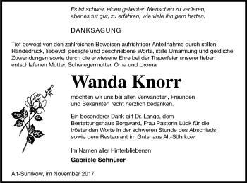 Traueranzeige von Wanda Knorr von Mecklenburger Schweiz