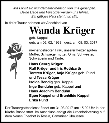 Traueranzeige von Wanda Krüger von Mecklenburger Schweiz