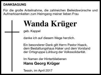 Traueranzeige von Wanda Krüger von Mecklenburger Schweiz