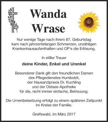 Traueranzeige von Wanda Wrase von Vorpommern Kurier